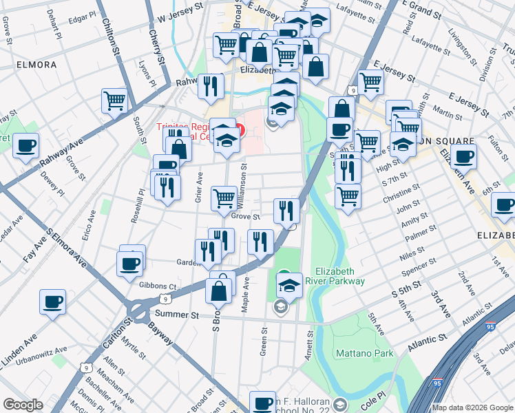 map of restaurants, bars, coffee shops, grocery stores, and more near 670 Montgomery Street in Elizabeth
