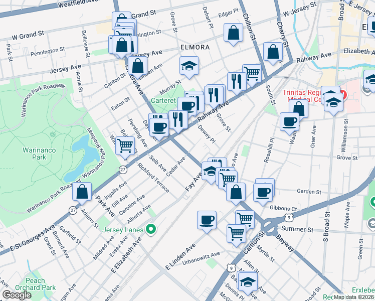 map of restaurants, bars, coffee shops, grocery stores, and more near 6 Hayes Avenue in Elizabeth