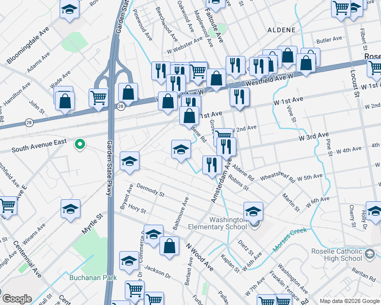 map of restaurants, bars, coffee shops, grocery stores, and more near 628 Jackson Avenue in Roselle