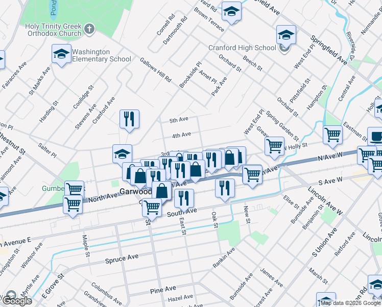 map of restaurants, bars, coffee shops, grocery stores, and more near 242 3rd Avenue in Garwood