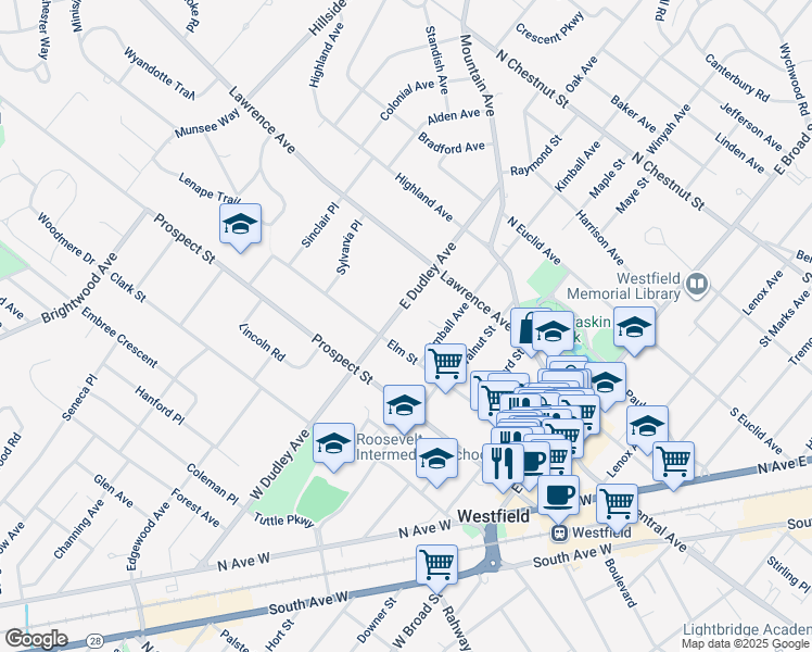 map of restaurants, bars, coffee shops, grocery stores, and more near 230 East Dudley Avenue in Westfield