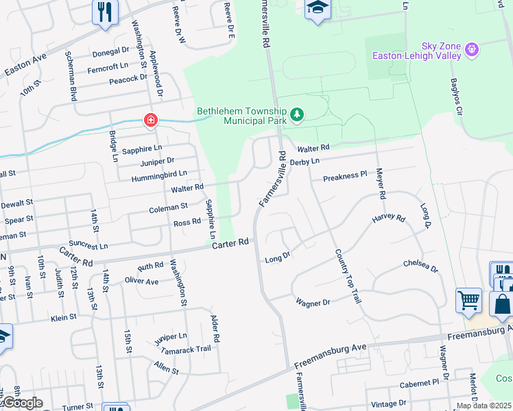 map of restaurants, bars, coffee shops, grocery stores, and more near 2729 Farmersville Road in Bethlehem