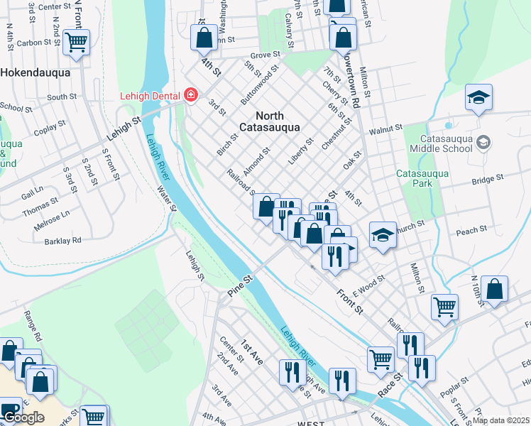 map of restaurants, bars, coffee shops, grocery stores, and more near 118 Chestnut Street in Catasauqua