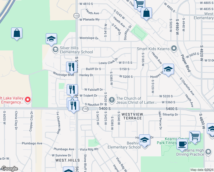 map of restaurants, bars, coffee shops, grocery stores, and more near 5269 South 5420 West in Salt Lake City