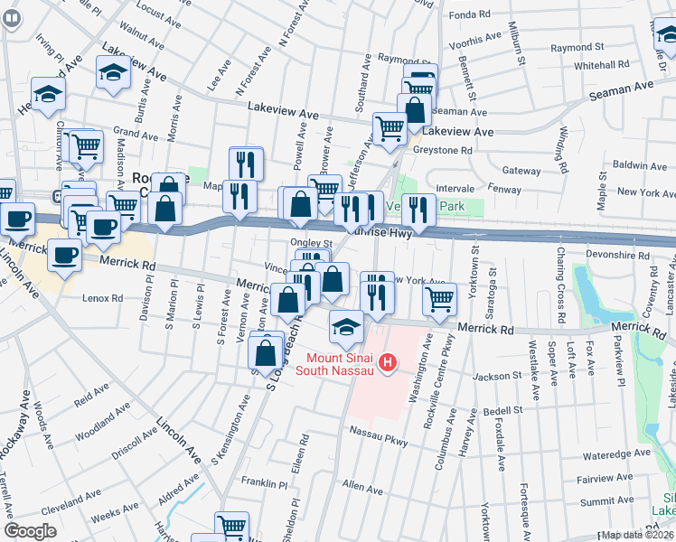 map of restaurants, bars, coffee shops, grocery stores, and more near 50 North Long Beach Road in Rockville Centre