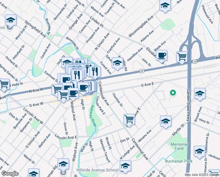 map of restaurants, bars, coffee shops, grocery stores, and more near 471 South Avenue East in Cranford