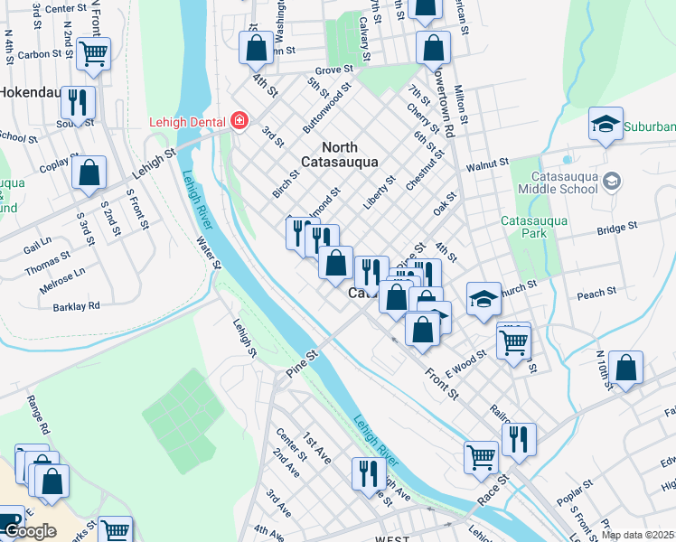 map of restaurants, bars, coffee shops, grocery stores, and more near 724 Railroad Street in Catasauqua