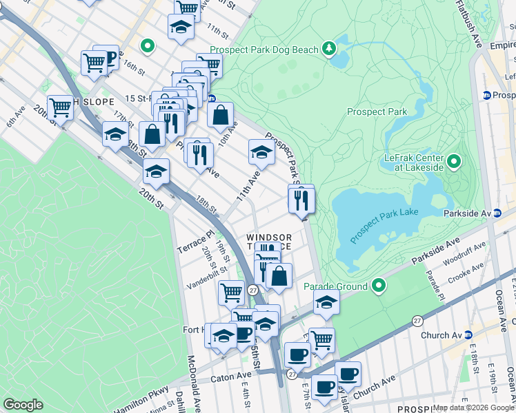 map of restaurants, bars, coffee shops, grocery stores, and more near 1107 Prospect Avenue in Brooklyn
