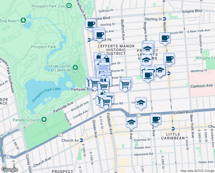 map of restaurants, bars, coffee shops, grocery stores, and more near 263 Parkside Avenue in Brooklyn