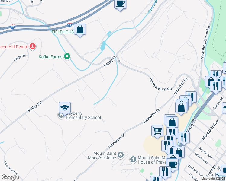 map of restaurants, bars, coffee shops, grocery stores, and more near 66 Mareu Drive in Watchung