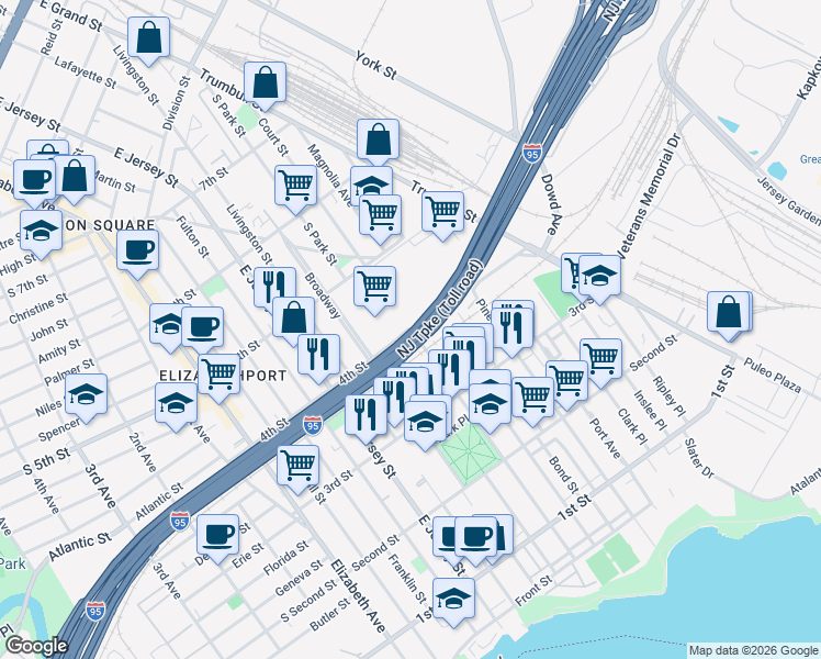 map of restaurants, bars, coffee shops, grocery stores, and more near Court Street in Elizabeth