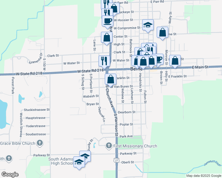 map of restaurants, bars, coffee shops, grocery stores, and more near 305 South Church Avenue in Berne
