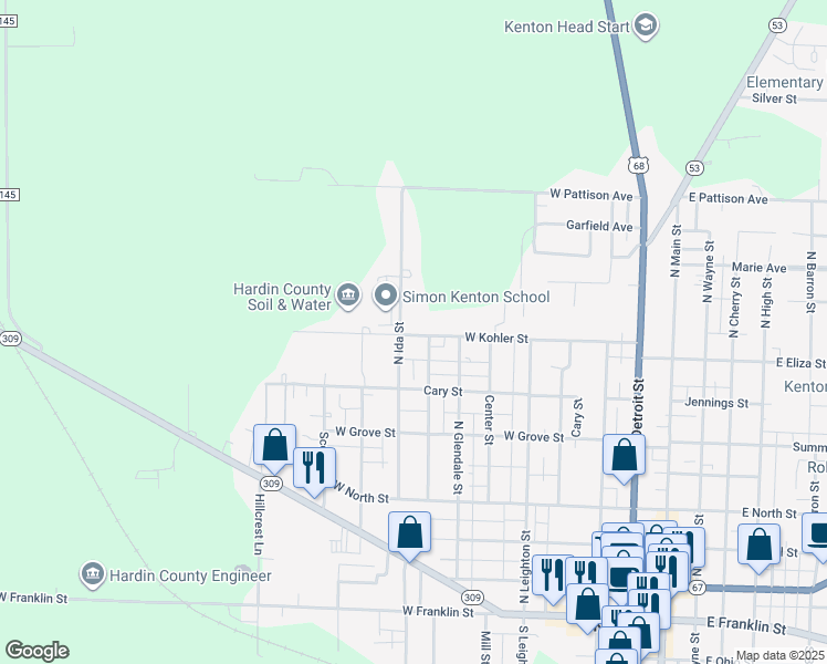 map of restaurants, bars, coffee shops, grocery stores, and more near 820 W Kohler St in Kenton