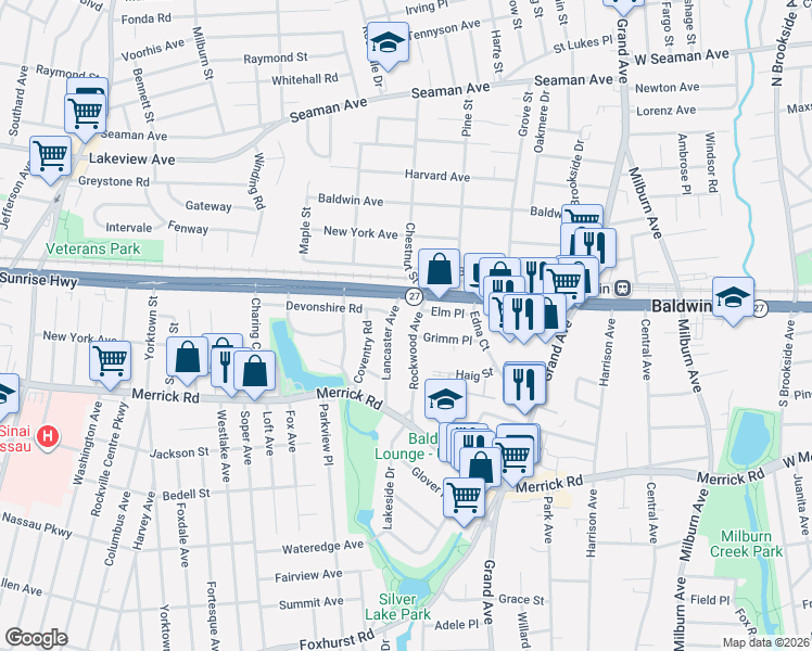 map of restaurants, bars, coffee shops, grocery stores, and more near 516 Devonshire Road in Baldwin