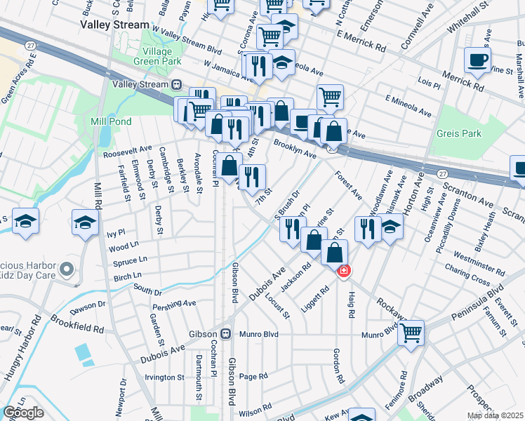map of restaurants, bars, coffee shops, grocery stores, and more near 12 7th Street in Valley Stream