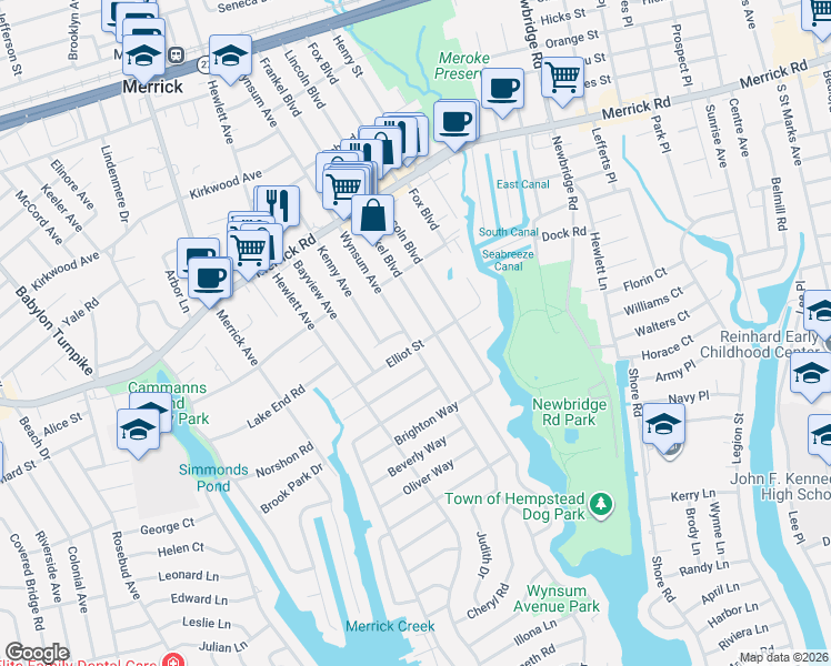 map of restaurants, bars, coffee shops, grocery stores, and more near 338 Wynsum Avenue in Merrick