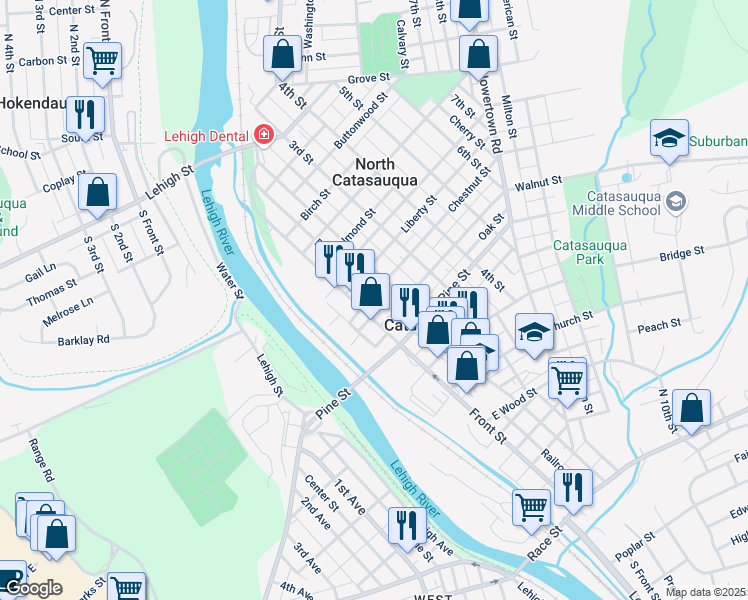 map of restaurants, bars, coffee shops, grocery stores, and more near 724 Railroad Street in Catasauqua