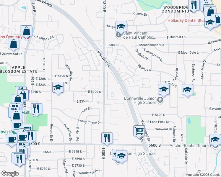 map of restaurants, bars, coffee shops, grocery stores, and more near 5251 South Cobble Creek Road in Salt Lake City