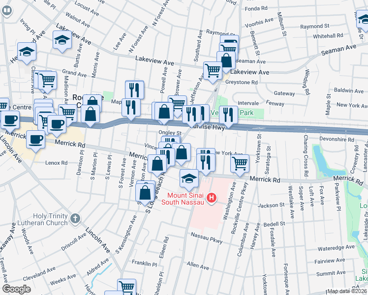 map of restaurants, bars, coffee shops, grocery stores, and more near 10 Purdy Court in Rockville Centre