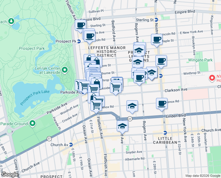 map of restaurants, bars, coffee shops, grocery stores, and more near 369 Parkside Avenue in Brooklyn