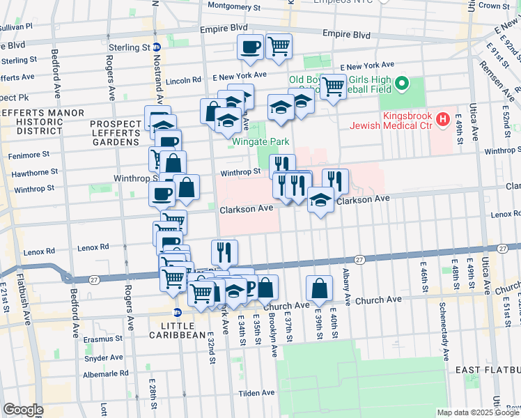 map of restaurants, bars, coffee shops, grocery stores, and more near 450 Clarkson Avenue in Brooklyn