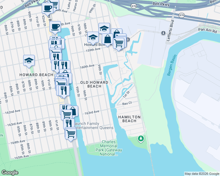map of restaurants, bars, coffee shops, grocery stores, and more near 132 Broadway in Queens