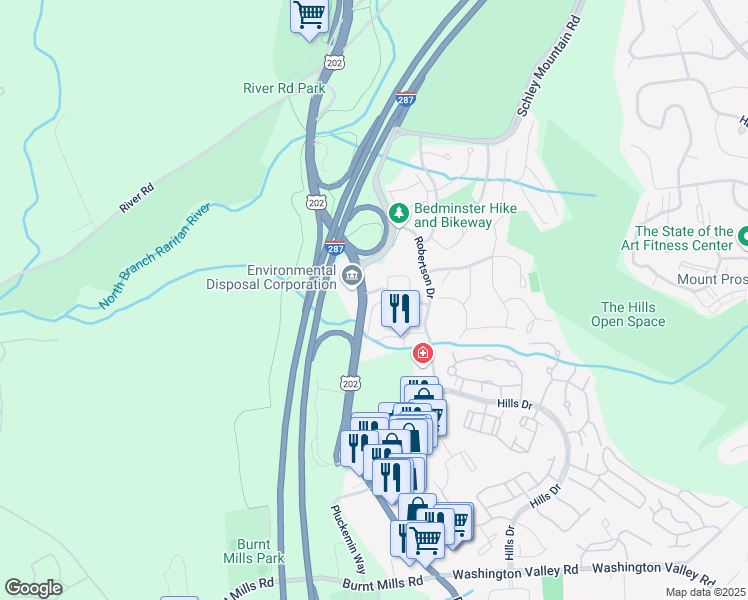 map of restaurants, bars, coffee shops, grocery stores, and more near 11 Wescott Road in Bedminster