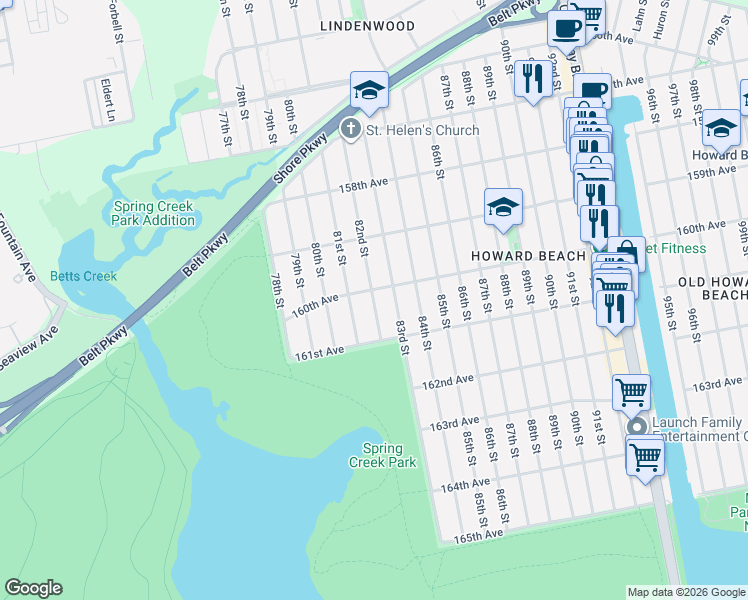 map of restaurants, bars, coffee shops, grocery stores, and more near 160-03 82nd Street in Queens