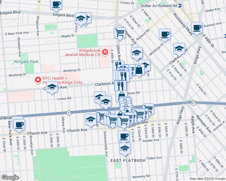 map of restaurants, bars, coffee shops, grocery stores, and more near 254 East 49th Street in Brooklyn