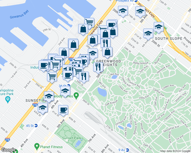 map of restaurants, bars, coffee shops, grocery stores, and more near 219 31st Street in Brooklyn