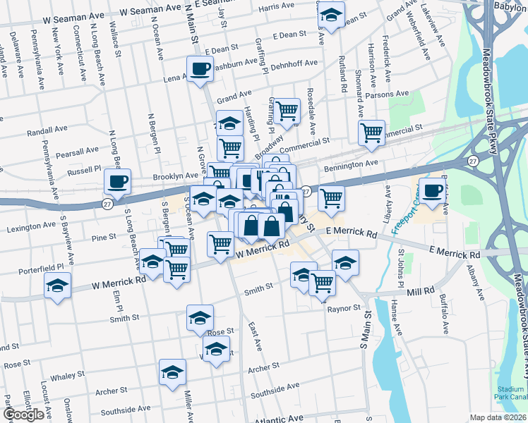 map of restaurants, bars, coffee shops, grocery stores, and more near 41 Church Street in Freeport