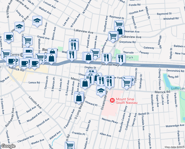 map of restaurants, bars, coffee shops, grocery stores, and more near 50 North Long Beach Road in Rockville Centre
