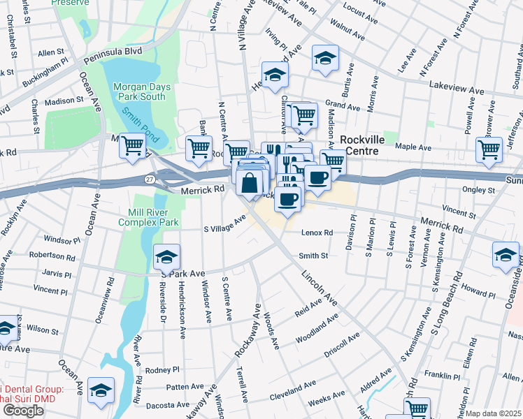 map of restaurants, bars, coffee shops, grocery stores, and more near 242 Merrick Road in Rockville Centre