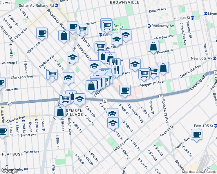 map of restaurants, bars, coffee shops, grocery stores, and more near 9601 Church Avenue in Brooklyn