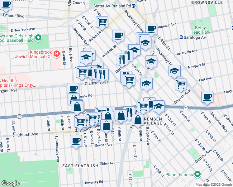 map of restaurants, bars, coffee shops, grocery stores, and more near East 56th Street & Lenox Road in Brooklyn