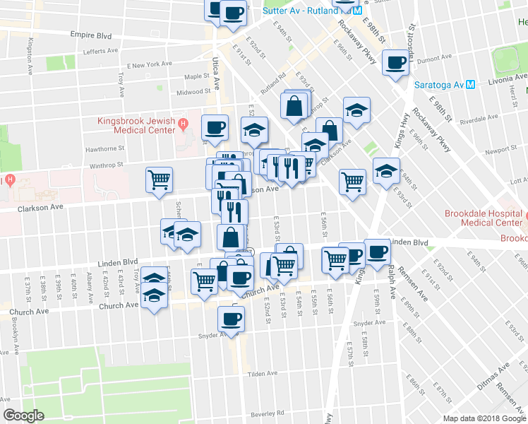 map of restaurants, bars, coffee shops, grocery stores, and more near 208 East 52nd Street in Brooklyn