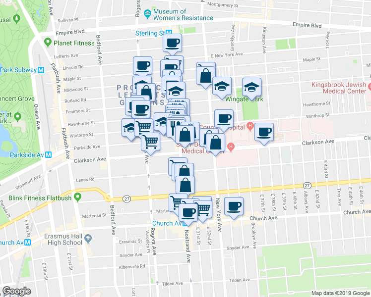 map of restaurants, bars, coffee shops, grocery stores, and more near 1277 Nostrand Avenue in Brooklyn