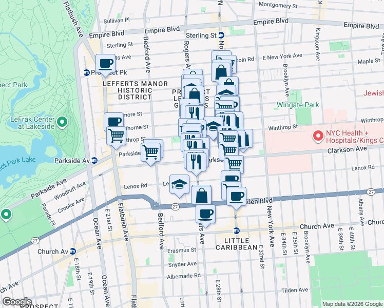 map of restaurants, bars, coffee shops, grocery stores, and more near 636 Rogers Avenue in Brooklyn