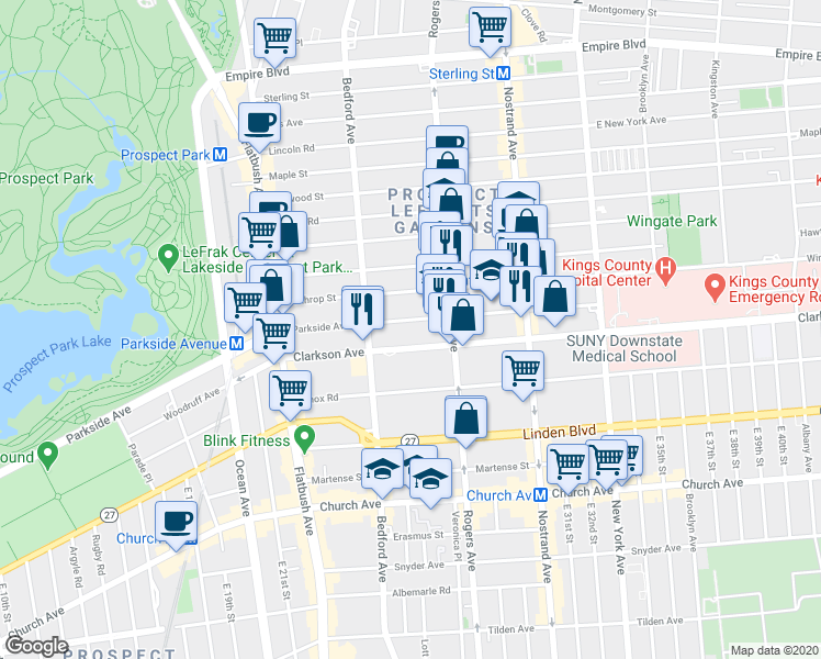 map of restaurants, bars, coffee shops, grocery stores, and more near 551 Parkside Avenue in Brooklyn
