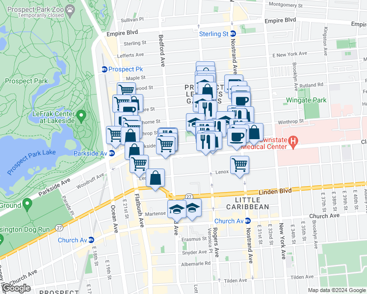 map of restaurants, bars, coffee shops, grocery stores, and more near 551 Parkside Avenue in Brooklyn