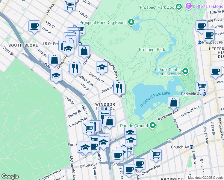 map of restaurants, bars, coffee shops, grocery stores, and more near 135 Prospect Park Southwest in Brooklyn