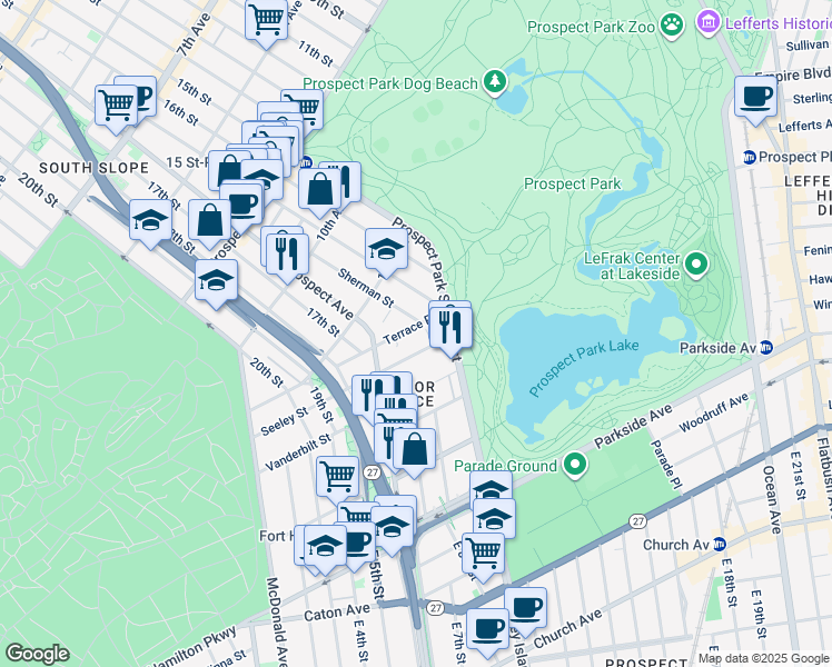 map of restaurants, bars, coffee shops, grocery stores, and more near 84 Sherman Street in Brooklyn