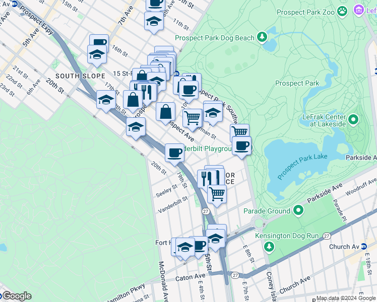 map of restaurants, bars, coffee shops, grocery stores, and more near 608A 17th Street in Brooklyn