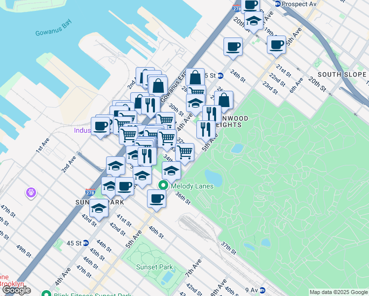map of restaurants, bars, coffee shops, grocery stores, and more near 181 32nd Street in Brooklyn
