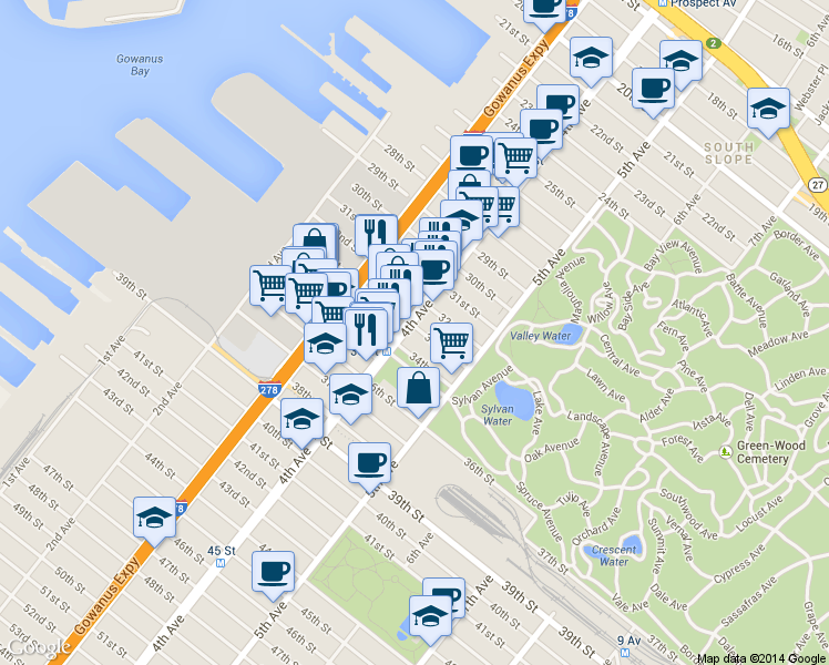 map of restaurants, bars, coffee shops, grocery stores, and more near in Brooklyn