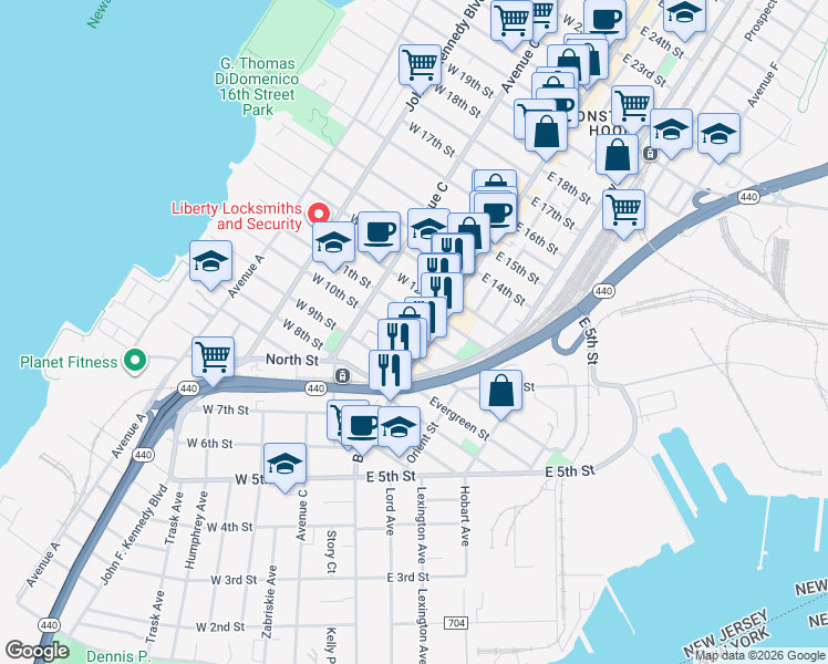 map of restaurants, bars, coffee shops, grocery stores, and more near 7 West 11th Street in Bayonne