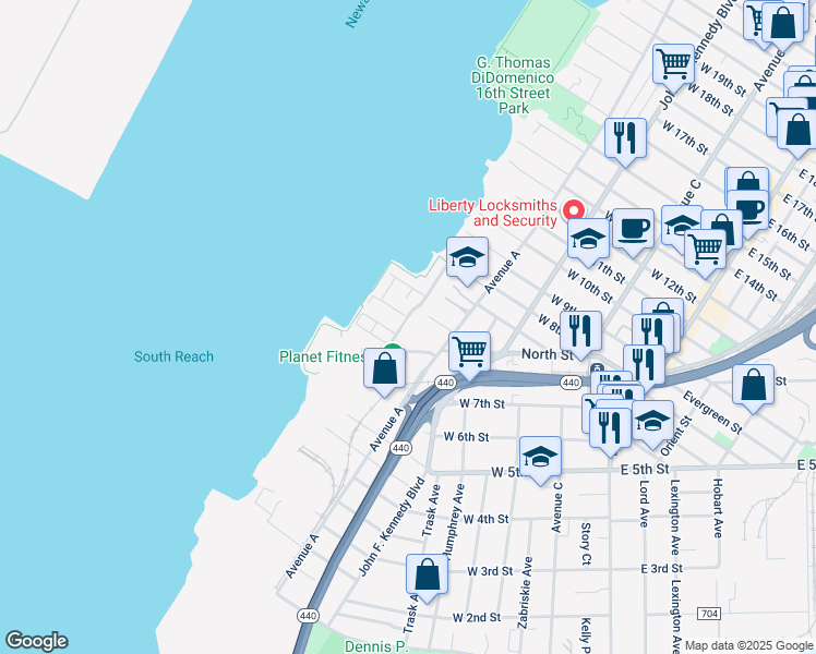 map of restaurants, bars, coffee shops, grocery stores, and more near 2 Boatworks Drive in Bayonne