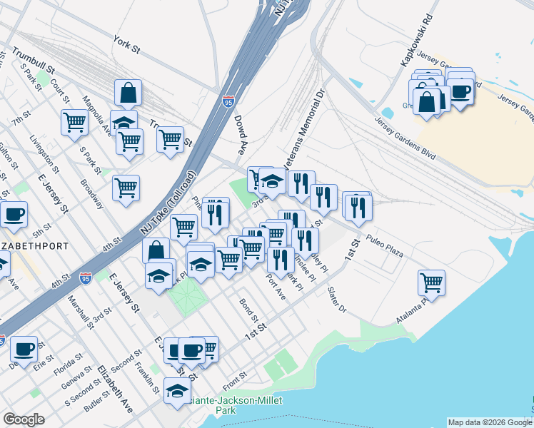 map of restaurants, bars, coffee shops, grocery stores, and more near 248 Ripley Place in Elizabeth