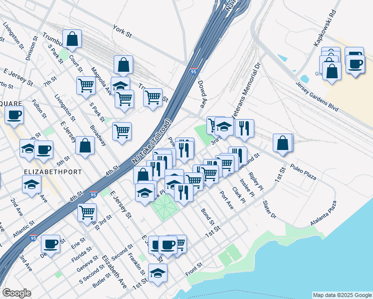 map of restaurants, bars, coffee shops, grocery stores, and more near 246 3rd Street in Elizabeth