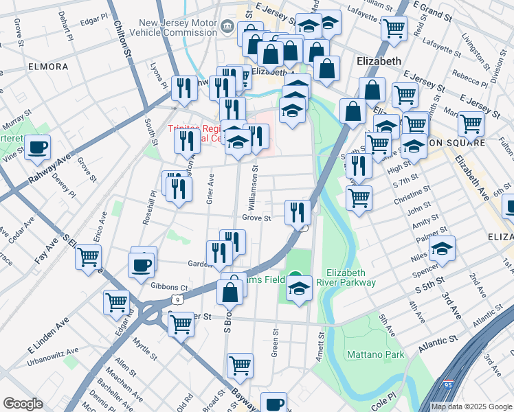 map of restaurants, bars, coffee shops, grocery stores, and more near 670 Montgomery Street in Elizabeth